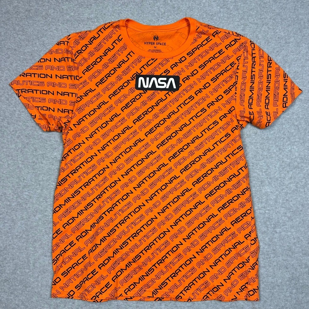 Hyper‎ Space NASA All Over Print T Shirt Orange Graphic Worm Logo Mens Medium